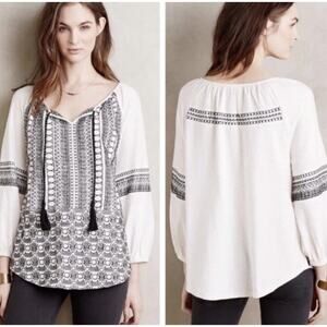 Anthropologie Akemi + Kin Embroidered Peasant Blouse •L• Shirt Boho Top Tassel
